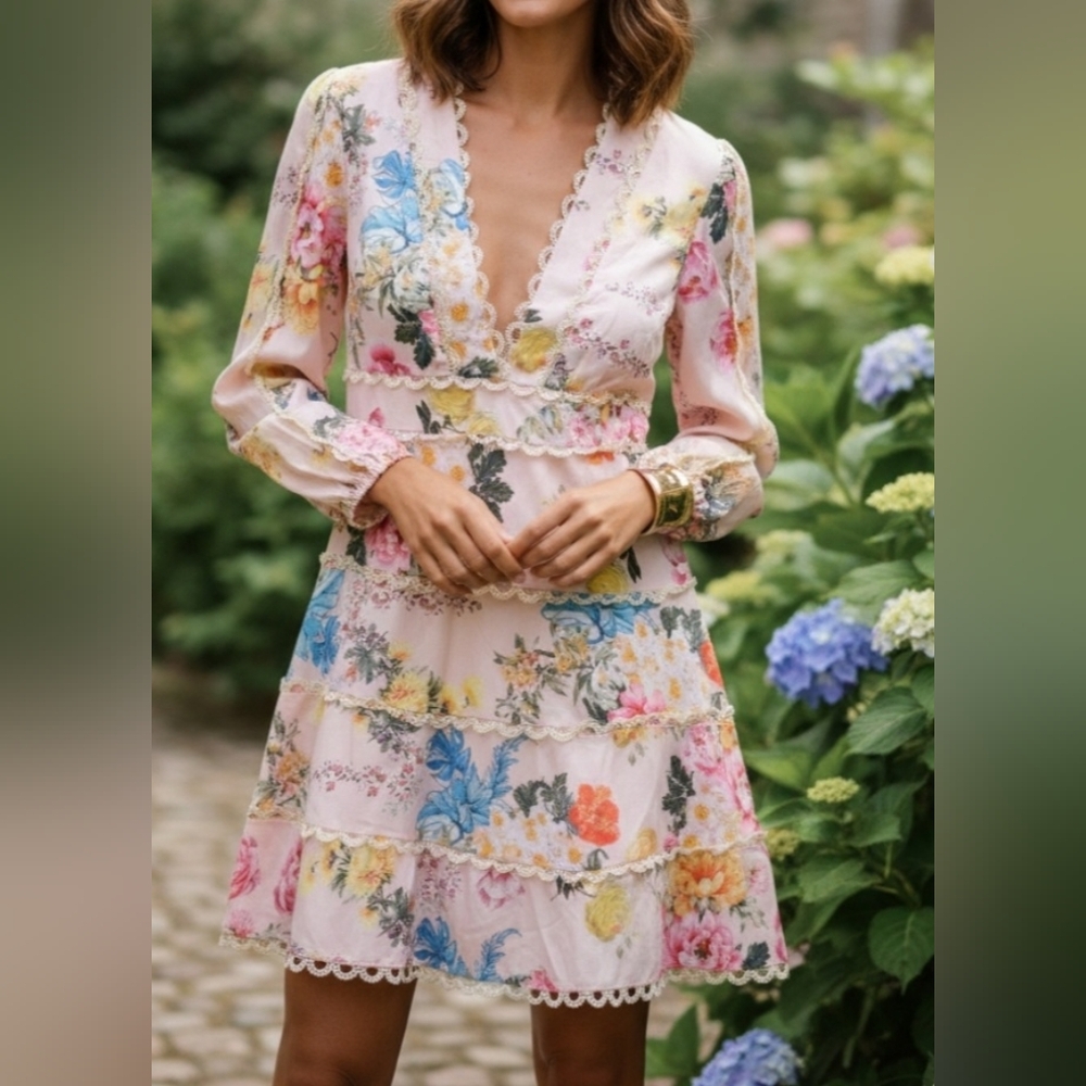 Lea Collection Classic Floral V-Neck Long Sleeve Pink Dress
